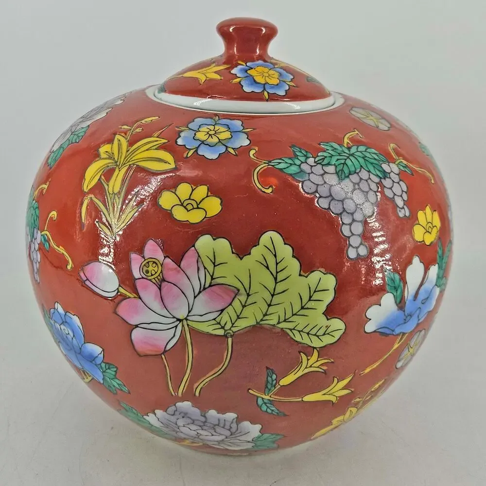 Mann China Blue porcelain ginger jar red ground polychrome floral design